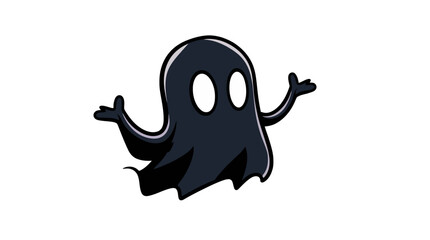 Cartoonish black ghost with white eyes and raised arms, isolated on a white background.