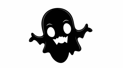 Black ghost cartoon with a smiling face and outstretched arms on a white background.
