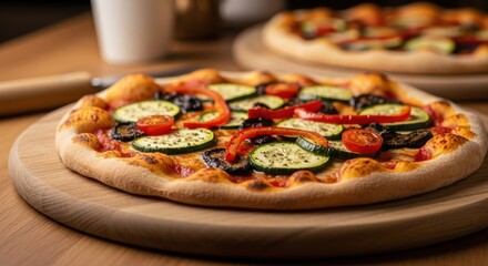Delicious vegetable pizza with peppers, zucchini, and cherry tomatoes on wooden board