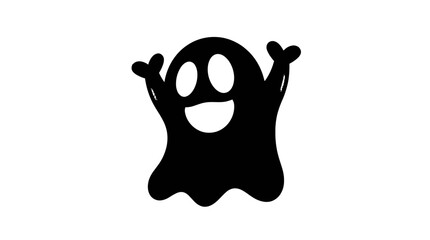 A friendly black ghost with a happy expression and raised arms, isolated on white.