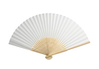 Open white paper fan with wooden handle isolated on white background