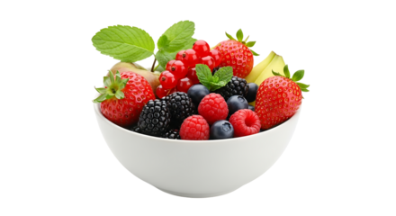 Fresh assortment of vibrant berries and fruits arranged in a white bowl creating a healthy and visually appealing display