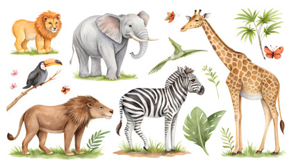 Obraz premium Vibrant watercolor safari animals collection featuring lion elephant zebra giraffe toucan and lush greenery