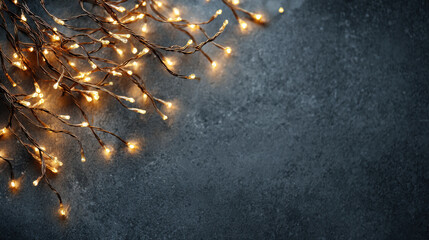 Warm fairy light string on dark concrete background, festive glow and cozy mood