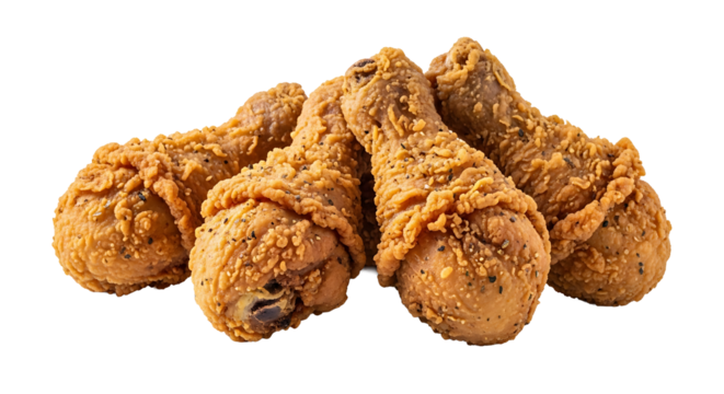 Crispy golden - brown fried chicken drumsticks seasoned and ready to be eaten photographed against a dark background Delicious poultry