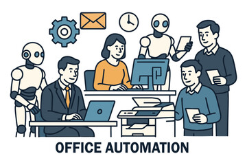 Robots and people working together in a modern office for automation