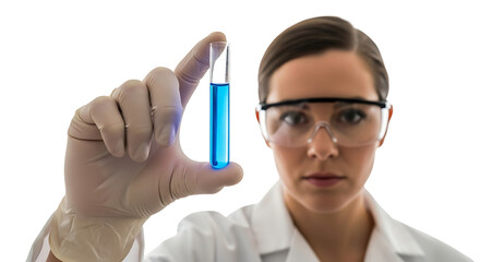 Researcher examines blue liquid in test tube wearing gloves and safety glasses ensuring a sterile environment for experimental setup