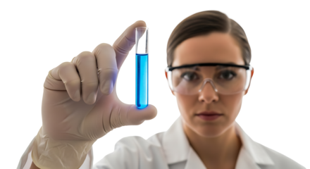 Researcher examines blue liquid in test tube wearing gloves and safety glasses ensuring a sterile environment for experimental setup