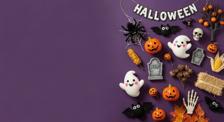 Festive halloween decorations arranged on a purple background creating a spooky and fun atmosphere for seasonal celebrations and themed events with pumpkins and ghosts