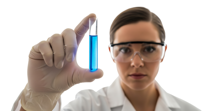 Researcher examines blue liquid in test tube wearing gloves and safety glasses ensuring a sterile environment for experimental setup