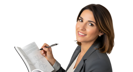 Smiling businesswoman in a jacket writes in a notebook with a pen diagrams visible in notebook isolated on black background