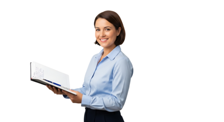 Smiling woman with notebook She is wearing a blue button - down shirt and dark pants against a black background with space for text