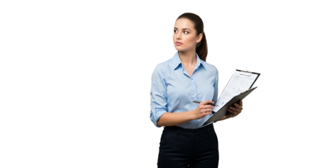 Professional woman reviews documents on a clipboard looking away in deep thought symbolizing focus and attention to detail