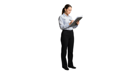 Focused professional woman in formal attire reviews documents on a clipboard against a clean minimalist black background