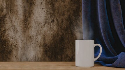 White mug on wooden table with dark background and blue curtains