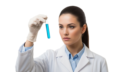 Scientist examines a blue liquid in a test tube in a sterile lab environment ensuring precision in the experiment