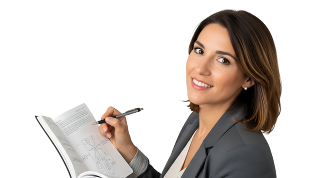 Smiling businesswoman in a jacket writes in a notebook with a pen diagrams visible in notebook isolated on black background