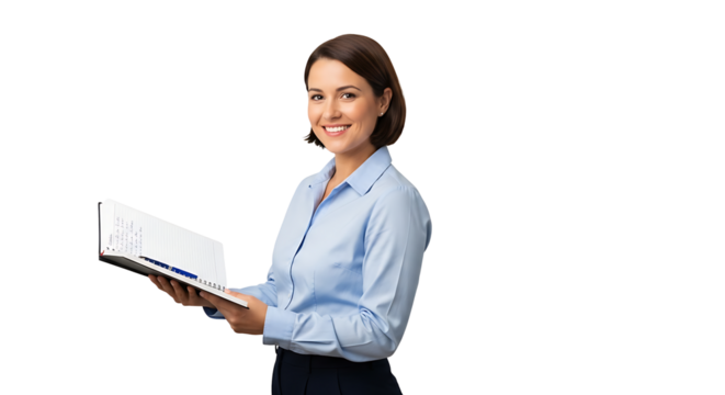 Smiling woman with notebook She is wearing a blue button - down shirt and dark pants against a black background with space for text