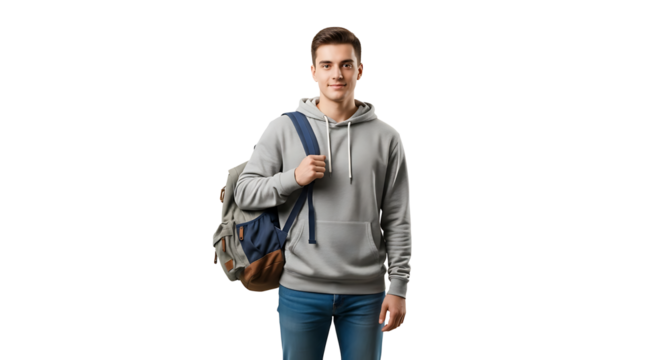 Young adult with backpack He is wearing a grey hoodie and jeans He is standing and looking at the camera