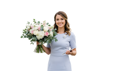 A happy woman in a light blue dress smiles while holding a large bouquet with white and pink flowers on a dark background