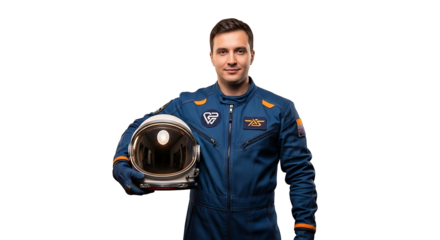 Astronaut holding helmet This man is an astronaut ready for space travel He has a jumpsuit that is dark blue and orange