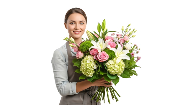 Smiling woman holds a beautiful bouquet of flowers The arrangement includes roses lilies and hydrangeas creating a stunning display