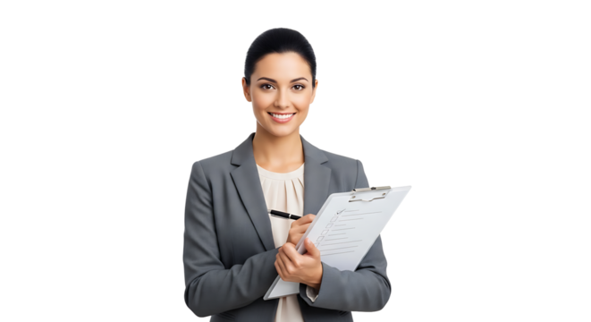 Professional woman in blazer holding clipboard taking notes smiling She appears to be conducting surveys or assessments