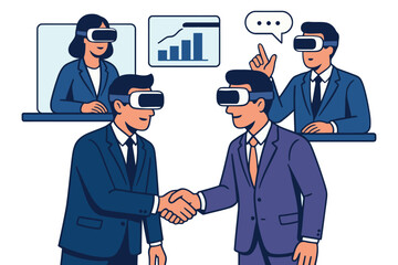 Business professionals collaborating and meeting in virtual reality headsets