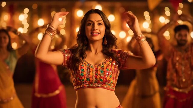 Indian Woman Dancing at a Celebration - An video captures a beautiful young Indian woman dancing at a festive celebration.