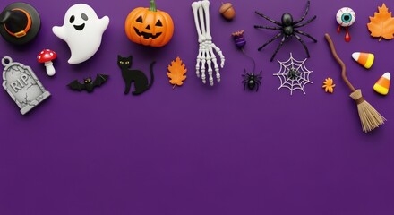 Halloween themed flat lay featuring a variety of spooky decorations on a vibrant purple background creating a festive and playful atmosphere perfect for seasonal designs and promotions