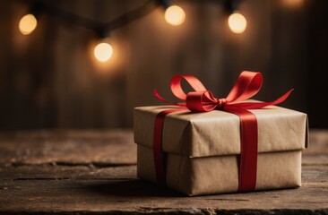Wrapped gift box with red ribbon on rustic wooden table