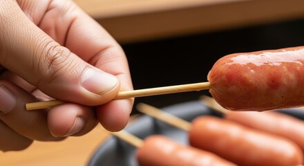 Hand holding grilled sausage on skewer for delicious summer snack