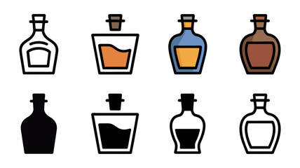 Vector art of variety of bottle icons with stoppers, containing liquid, in different shapes on a