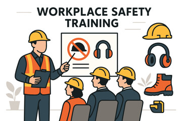 Workplace safety training session with instructor and employees wearing hard hats