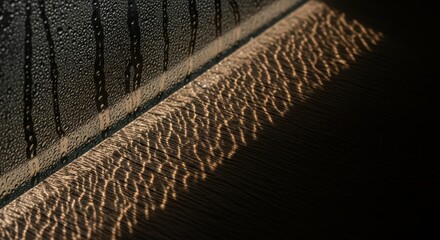 Sunlight and raindrops create textured shadows on wet surface