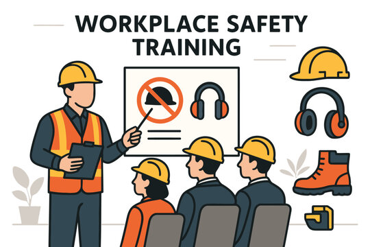 Workplace safety training session with instructor and employees wearing hard hats
