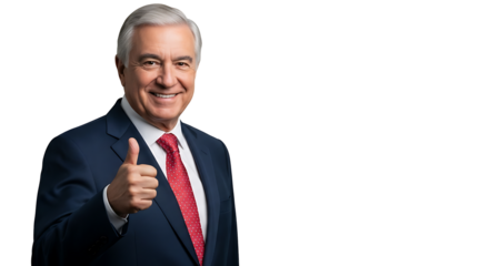 Smiling businessman in navy suit giving a thumbs up He exudes professionalism and confidence set against a sleek black background