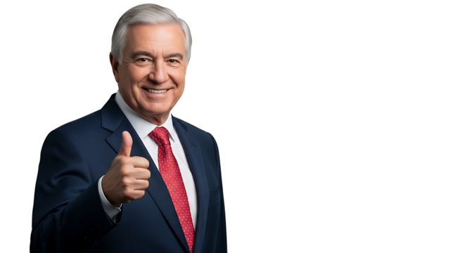 Smiling businessman in navy suit giving a thumbs up He exudes professionalism and confidence set against a sleek black background - Powered by Adobe