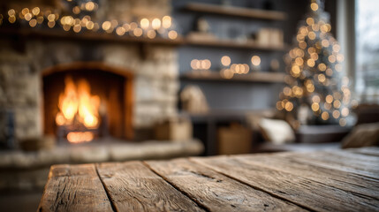Rustic wood table warm fireplace cozy living room holiday lights blurred bokeh glow