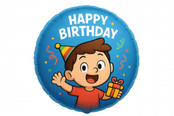 Birthday balloon with a happy cartoon boy holding a party gift, celebrating with confetti and streamers