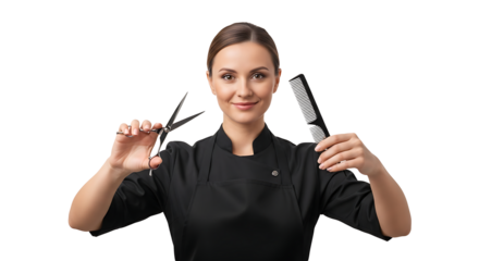 Stylist portrait : Smiling woman in uniform holding shears and comb against black backdrop ready to cut and style hair with expertise