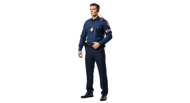 A security professional stands tall in uniform equipped with communication and identification for maintaining order and safety