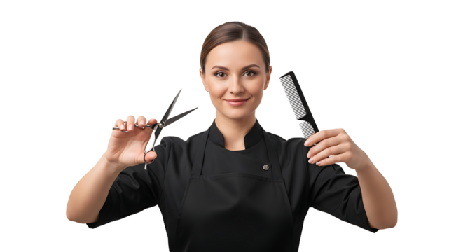 Stylist portrait : Smiling woman in uniform holding shears and comb against black backdrop ready to cut and style hair with expertise
