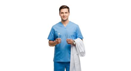 Confident dental professional ready to care Wearing scrubs and holding tools promising healthy smiles against a solid backdrop