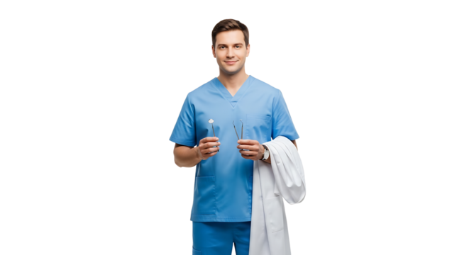Confident dental professional ready to care Wearing scrubs and holding tools promising healthy smiles against a solid backdrop