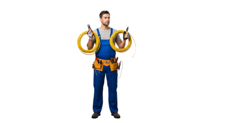 Electrician holding electrical wires and tool : worker in overall with yellow cable and tool belt on black background Worker occupation
