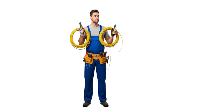 Electrician holding electrical wires and tool : worker in overall with yellow cable and tool belt on black background Worker occupation - Powered by Adobe
