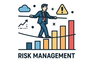 Businessman balancing on tightrope above rising bar graph symbolizing risk management