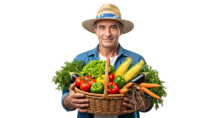 Farmer holding a basket overflowing with fresh produce like corn eggplant carrots lettuce peppers and tomatoes Harvest bounty