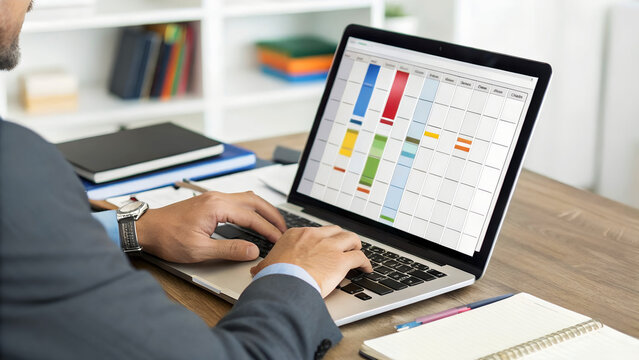 Businessman using laptop for project management, showcasing planning, scheduling, and task management for effective workflow and productivity